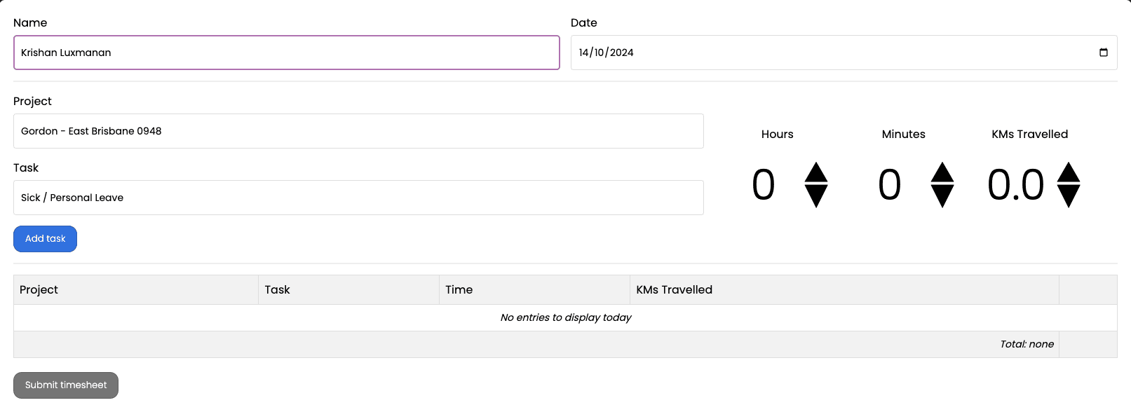 Example Custom Form - Timesheet