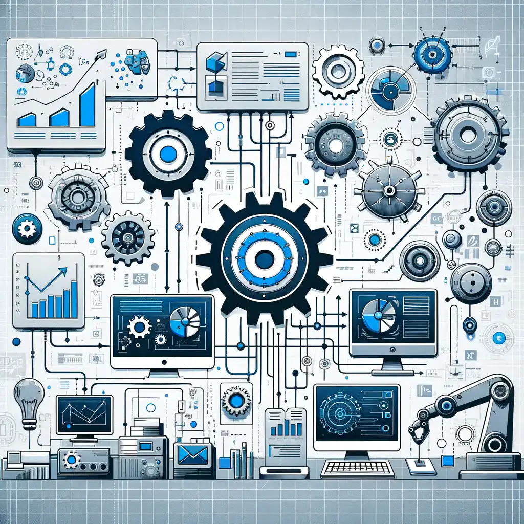 Conceptual illustration depicting business process automation. The image includes various symbols like gears, flowcharts, computer screens, and robotic arms, all interconnected to represent the idea of automating business tasks and processes. The color scheme is professional, using blues, greys, and whites, to convey a corporate and technological environment.